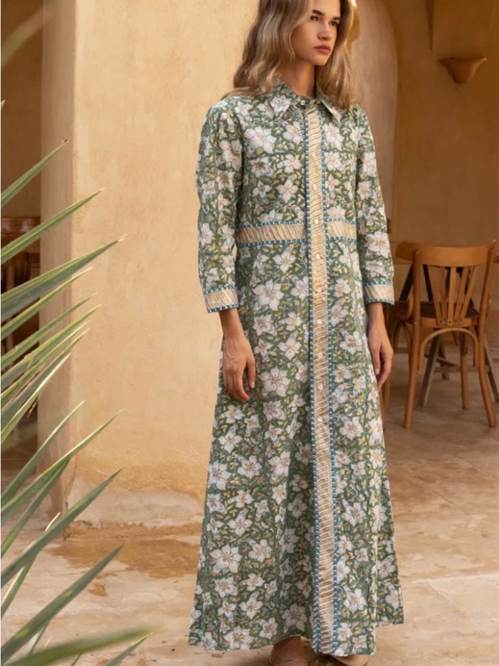 Oliphant Ivy-Olive Floral Long-Sleeve Maxi Dress with Gold Trim - Picture 5 of 9